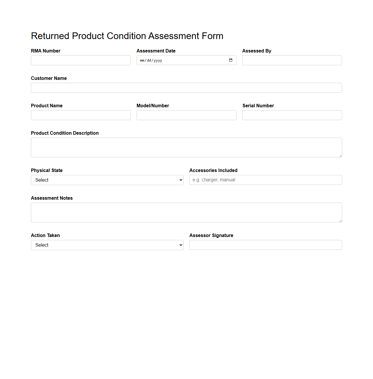 Returned Product Condition Assessment Form