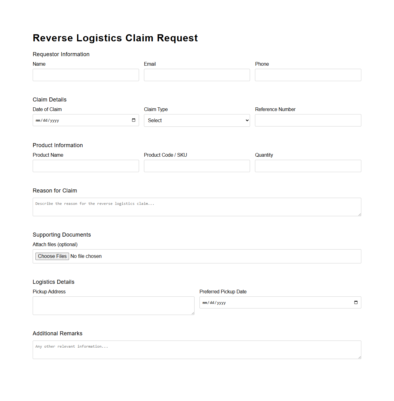 Reverse Logistics Claim Request Template