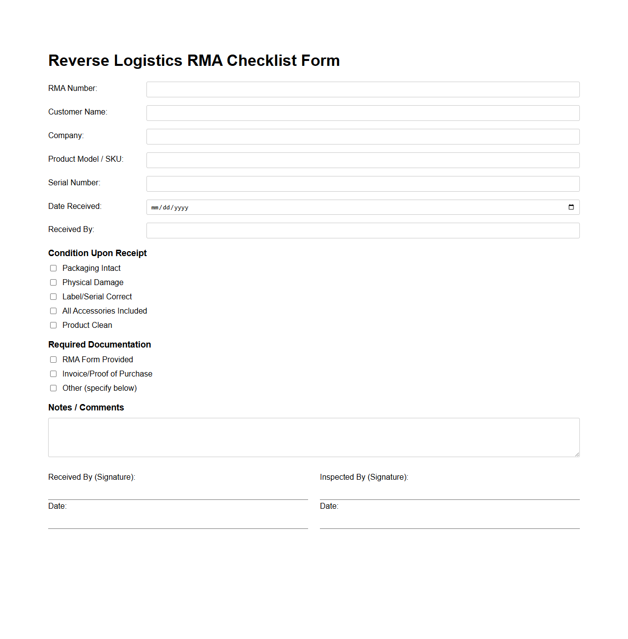 Reverse Logistics RMA Checklist Form