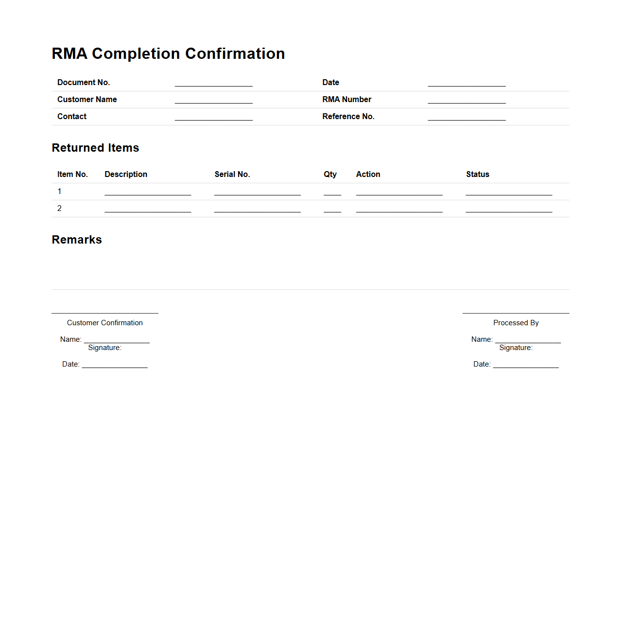 RMA Completion Confirmation Document
