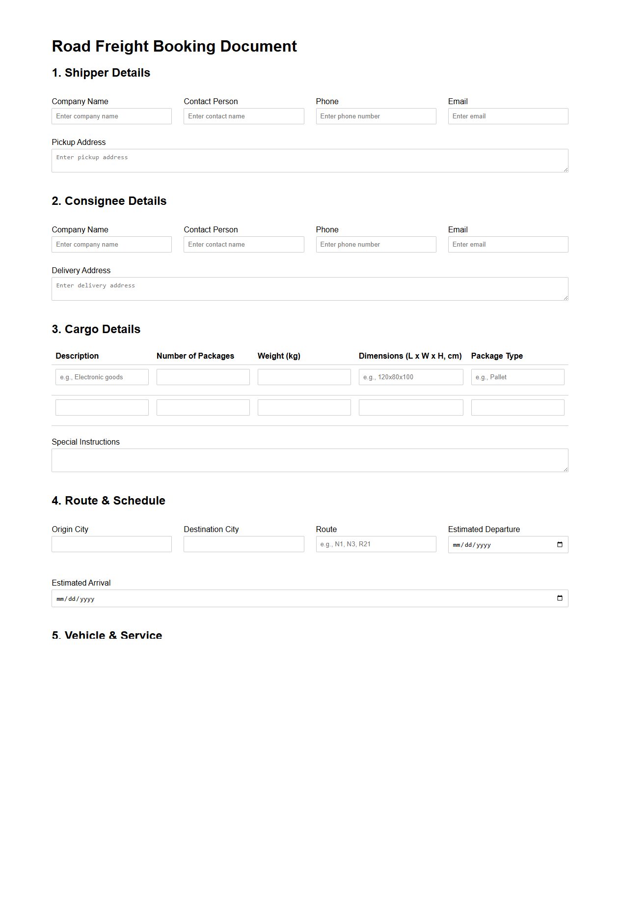 Road Freight Booking Document for National Routes
