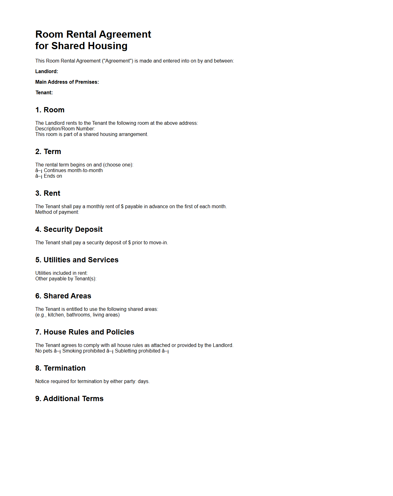 Room Rental Agreement for Shared Housing
