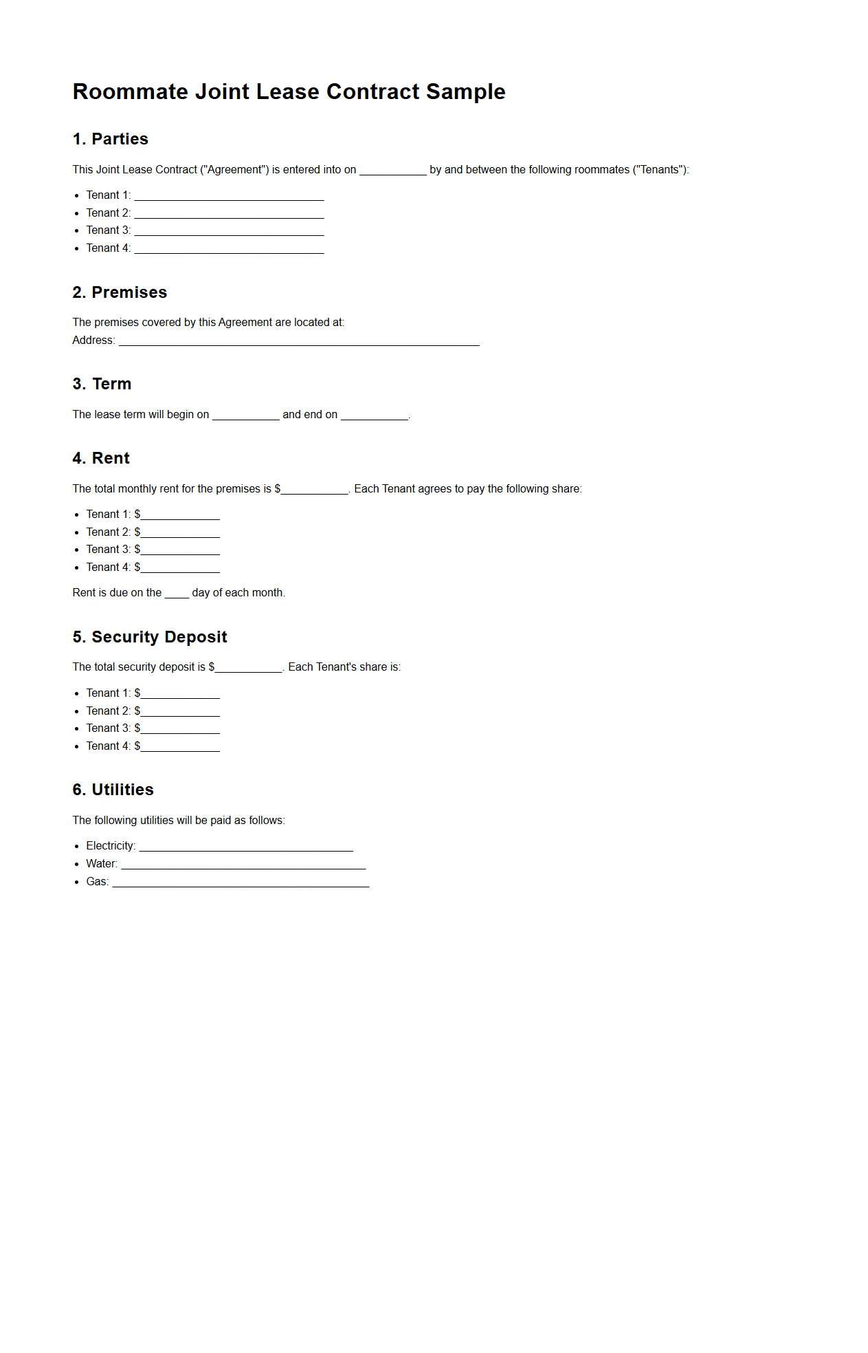 Roommate Joint Lease Contract Sample