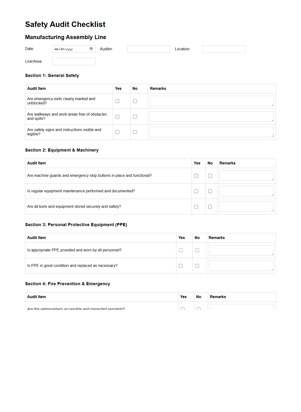 Safety Audit Checklist for Manufacturing Assembly Line