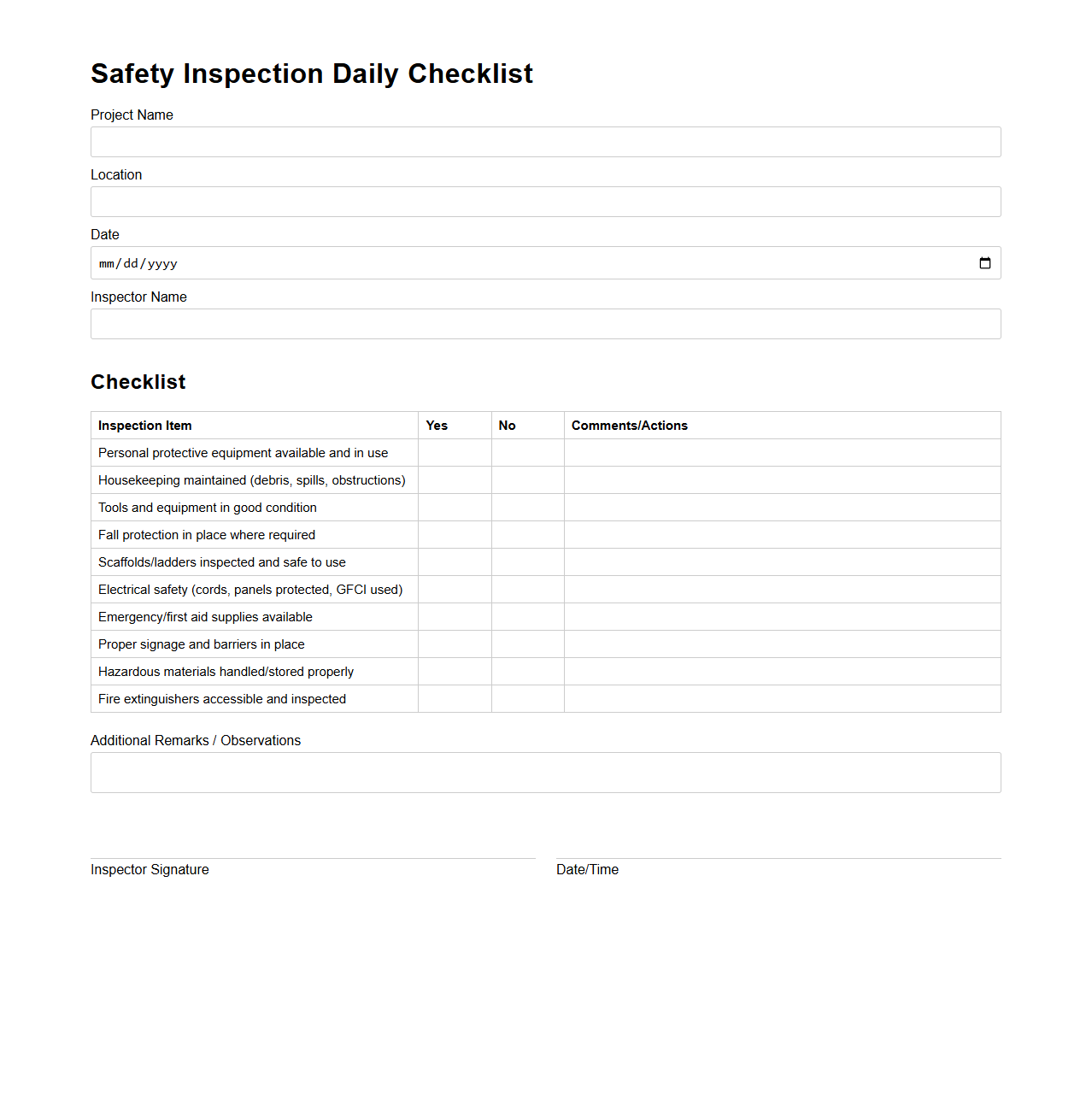 Safety Inspection Daily Checklist for Construction