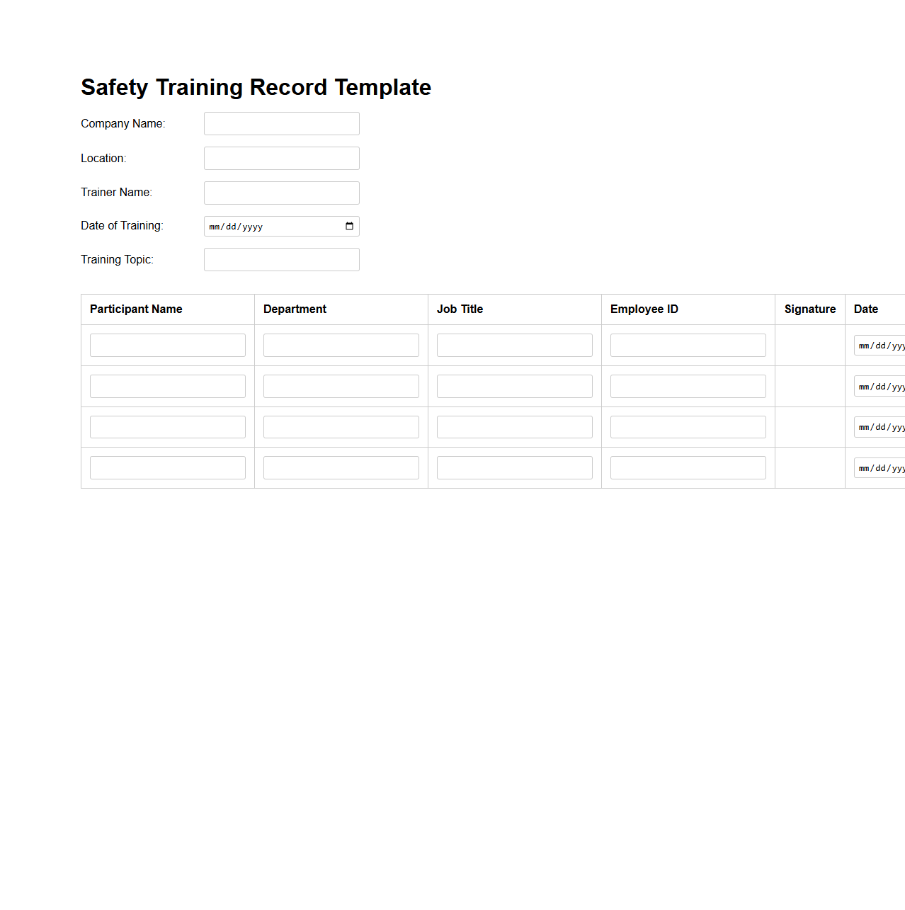 Safety Training Record Template