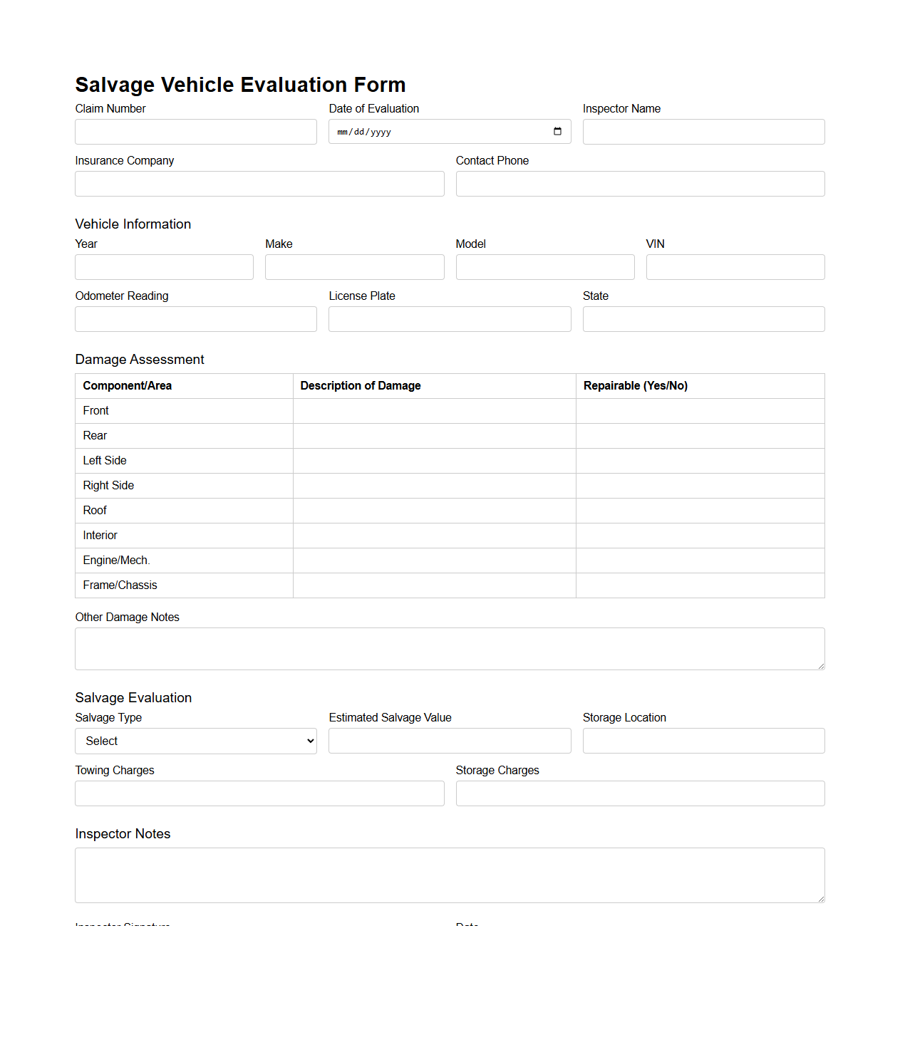 Salvage Vehicle Evaluation Form for Commercial Auto Claims