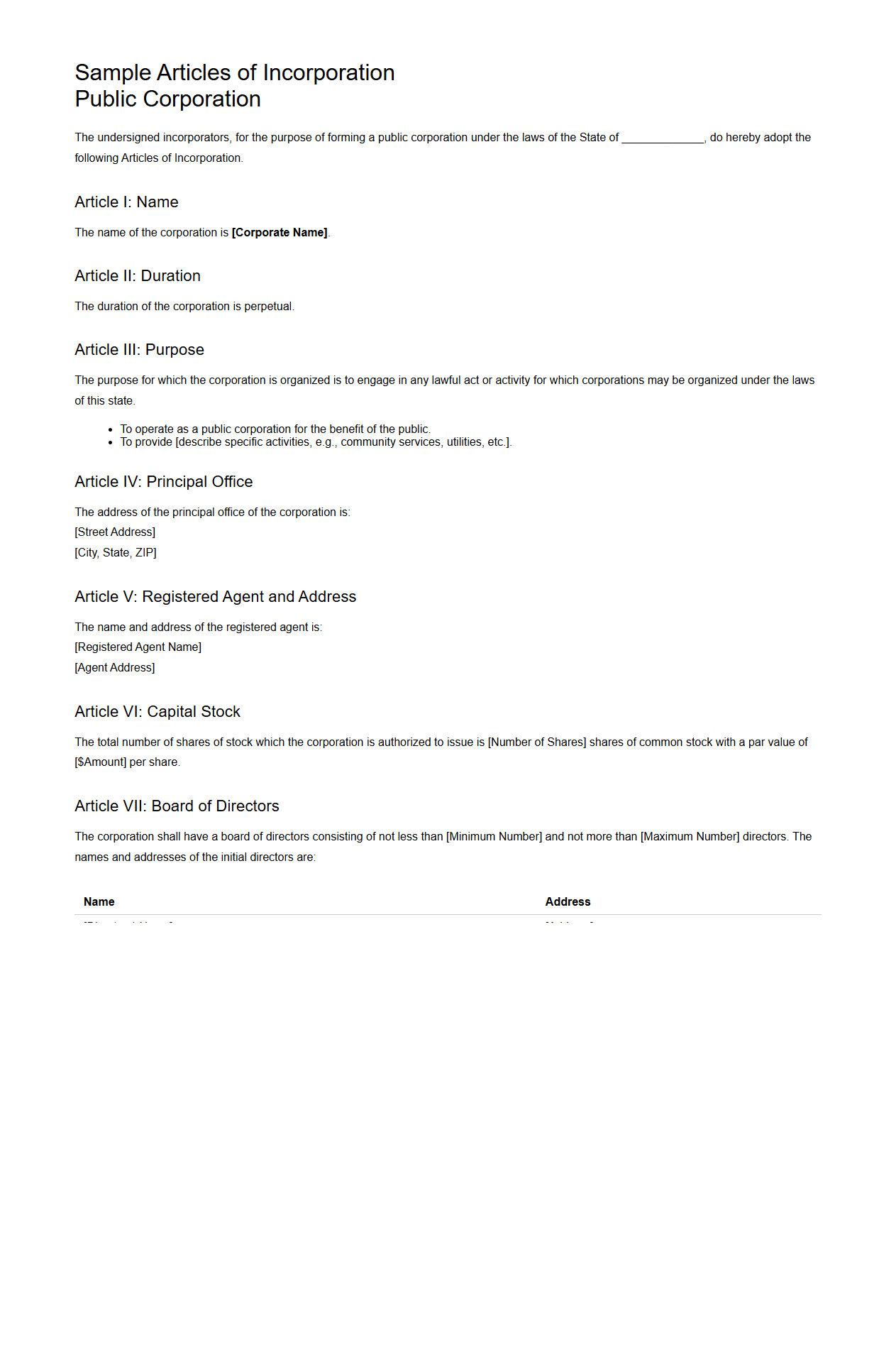 Sample Articles of Incorporation for Public Corporation