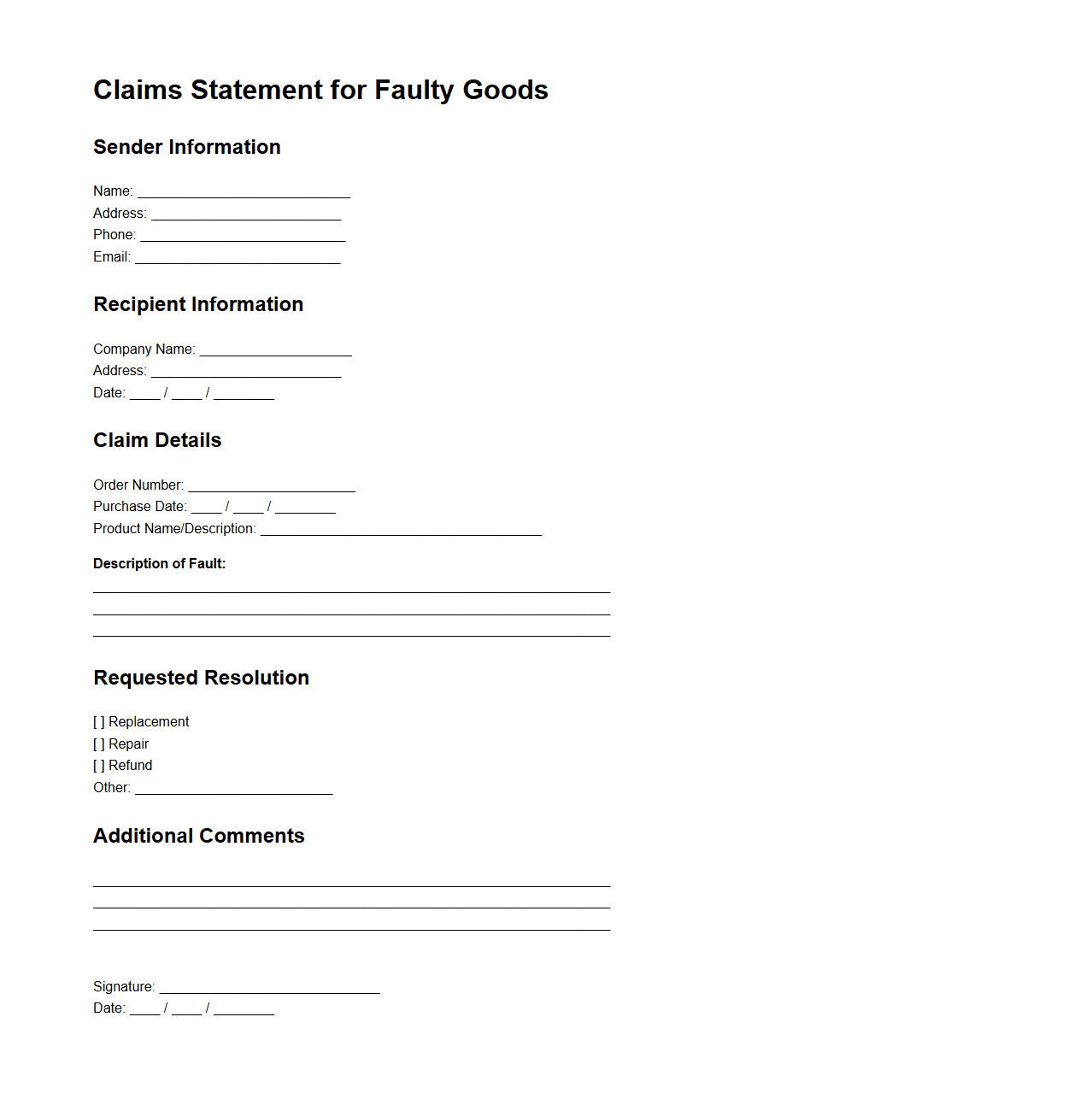 Sample Claims Statement for Faulty Goods
