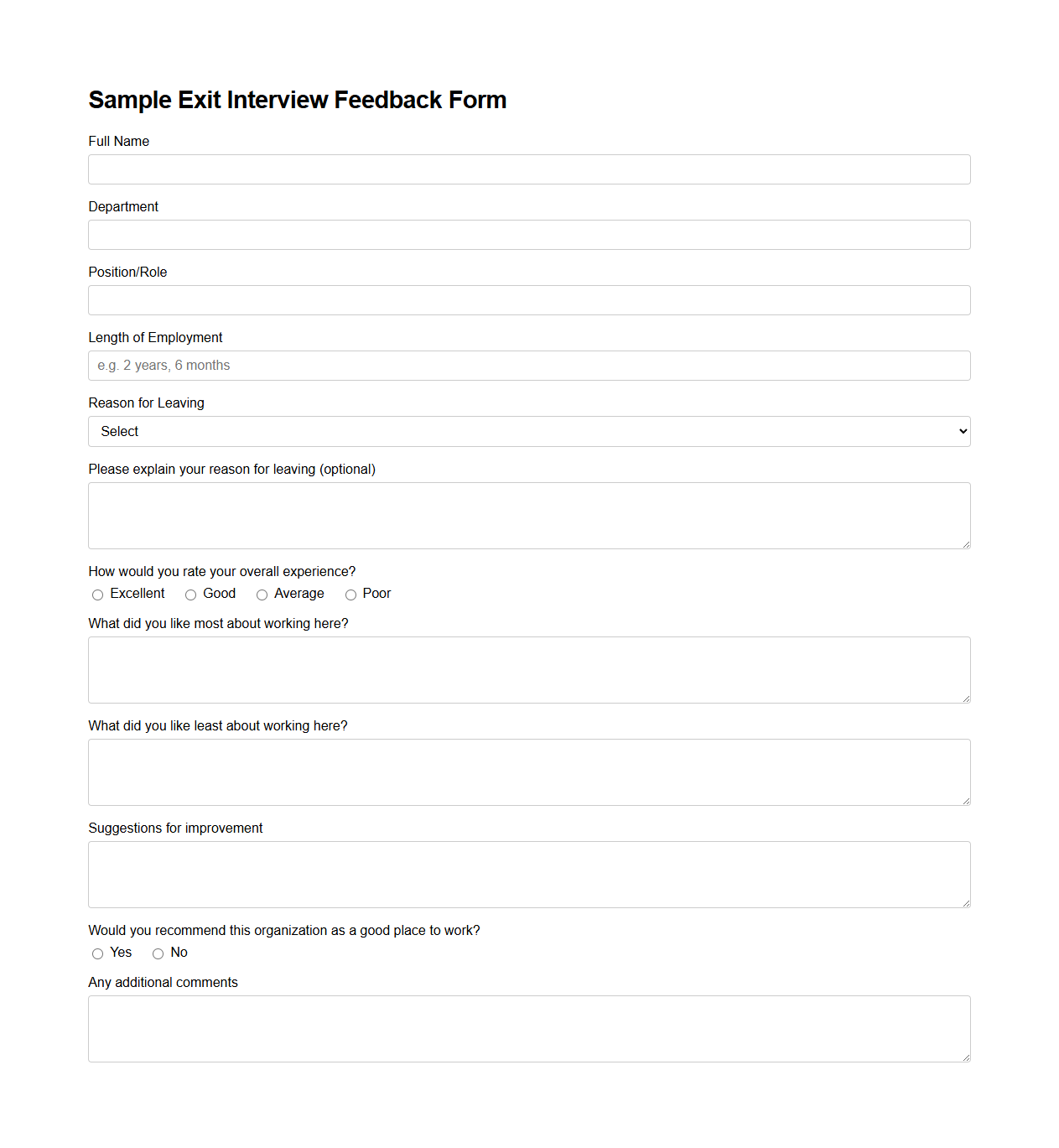 Sample Exit Interview Feedback Form
