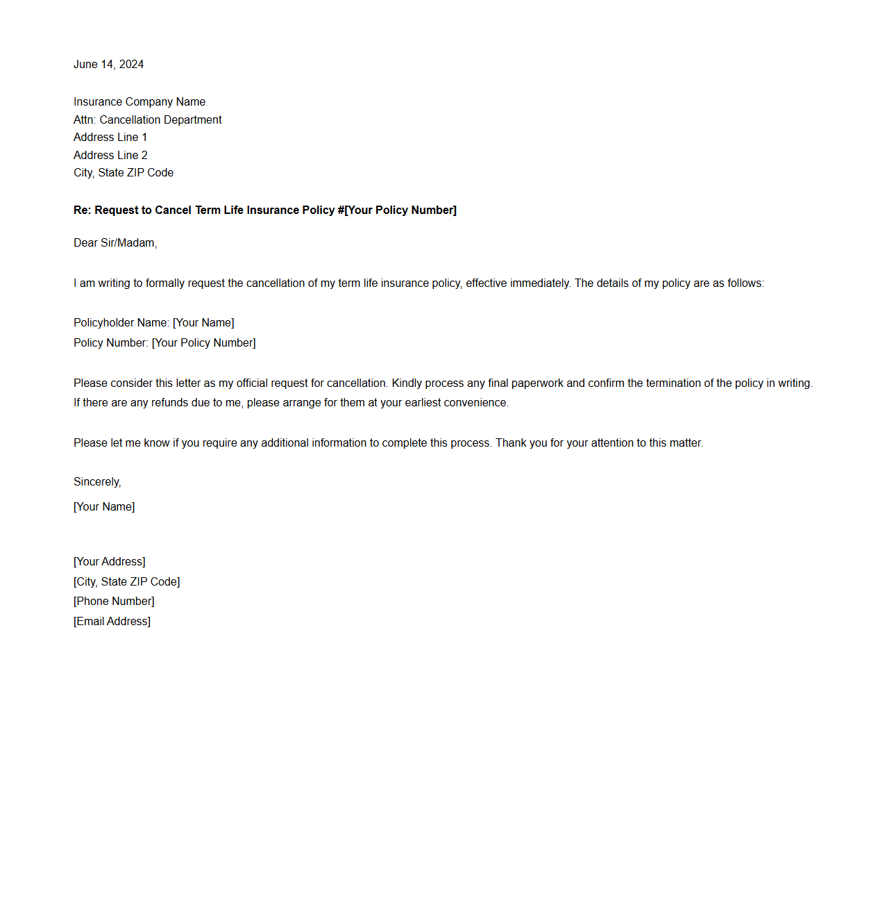 Sample Letter to Cancel Term Life Insurance Policy