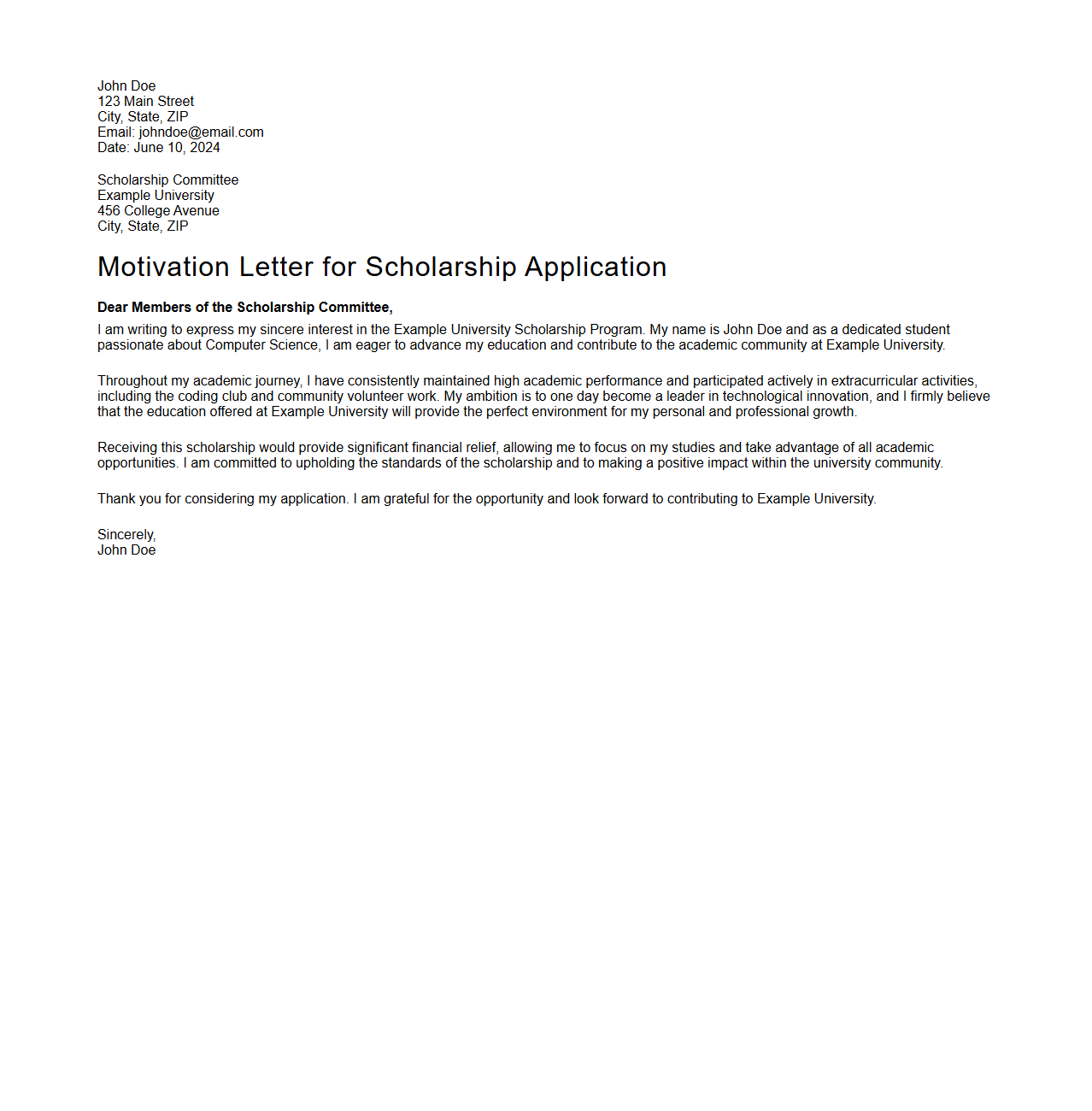 Scholarship Motivation Letter Example