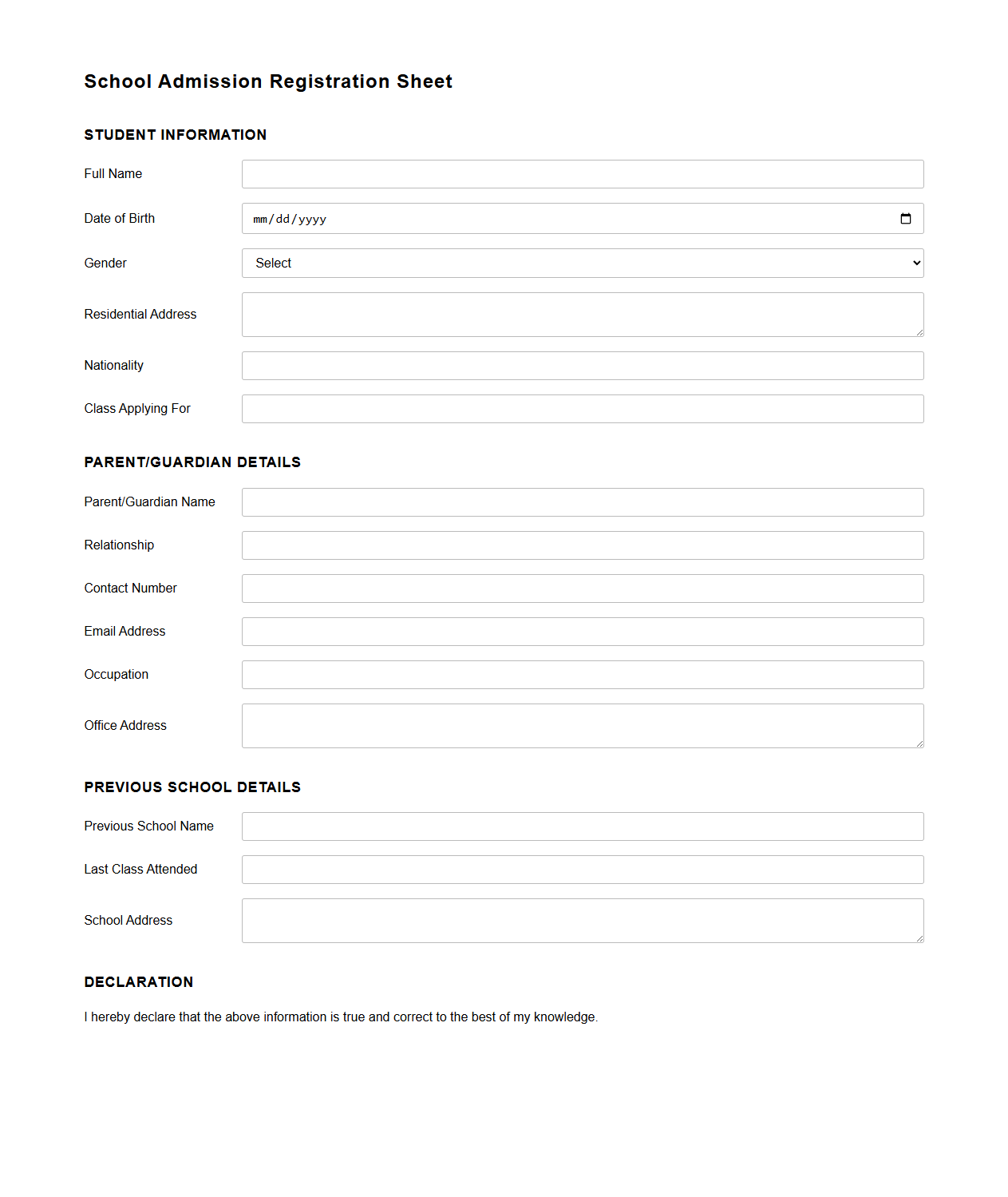 School Admission Registration Sheet