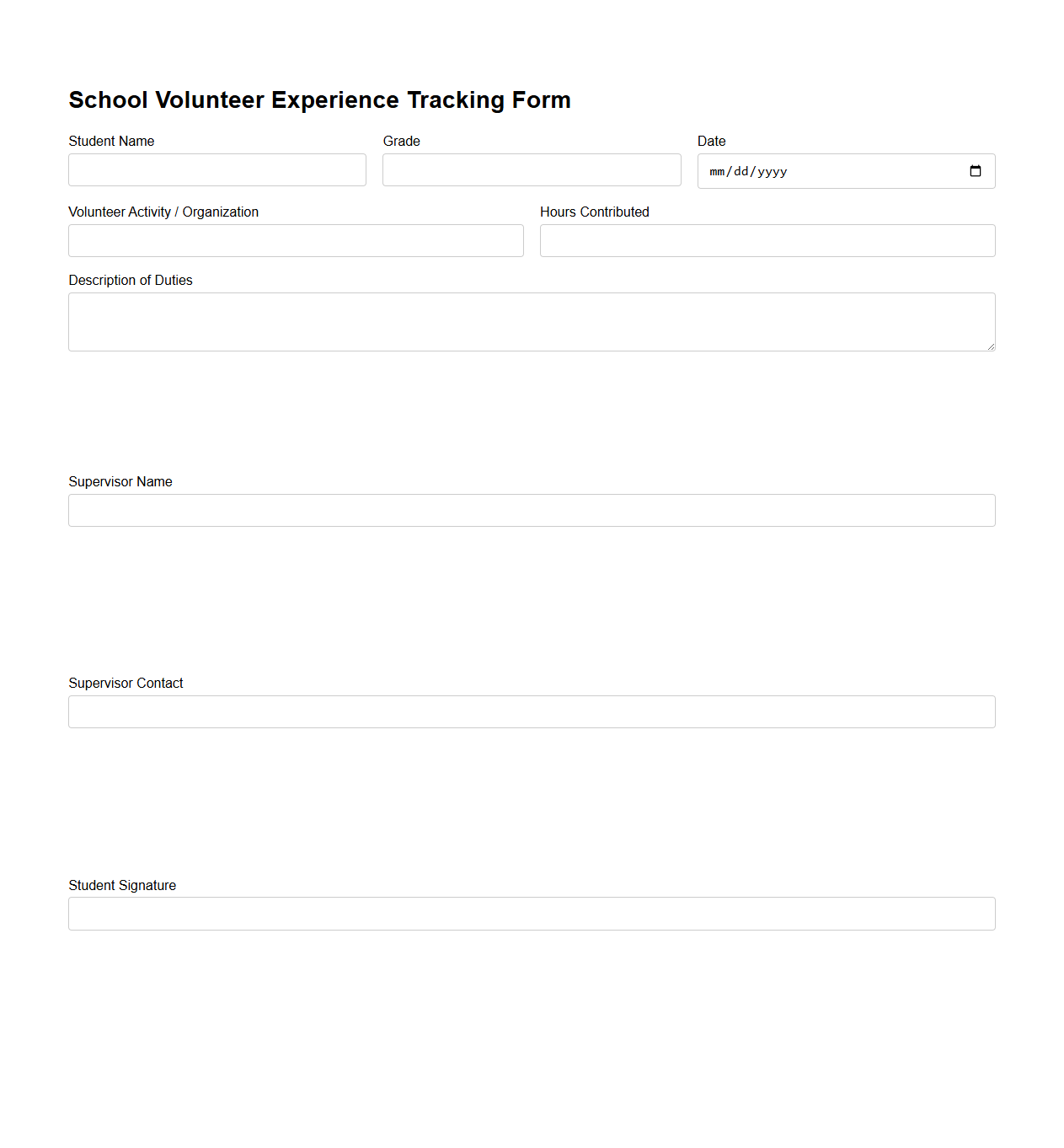 School Volunteer Experience Tracking Form