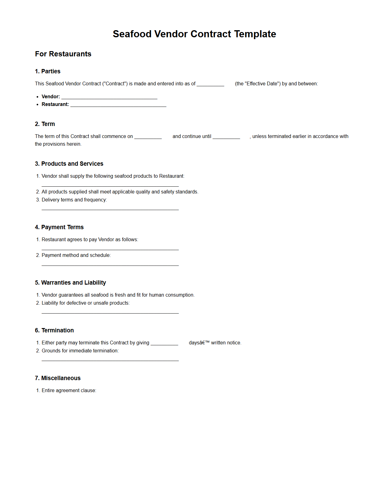 Seafood Vendor Contract Template for Restaurants