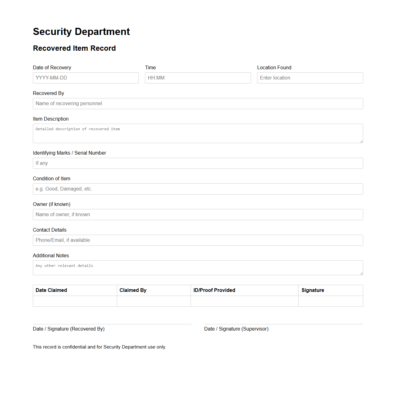 Security Department Recovered Item Record