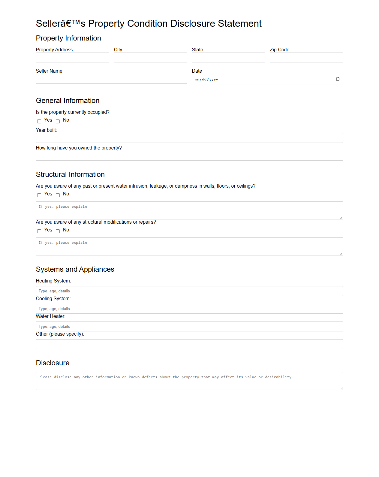 Seller’s Property Condition Disclosure Statement Sample