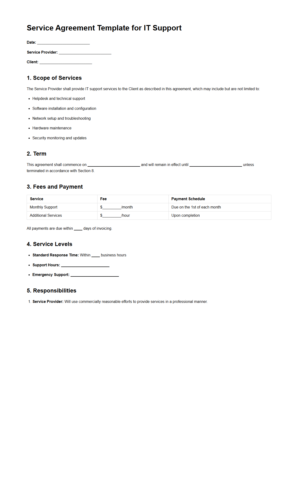 Service Agreement Template for IT Support