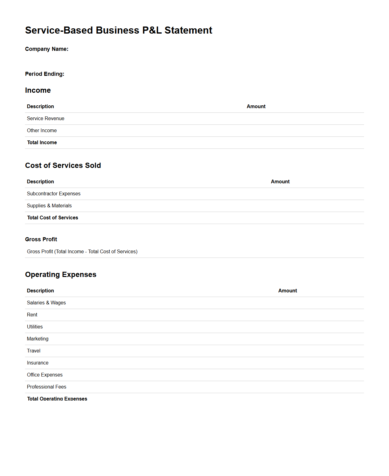 Service-Based Business P&L Statement Template