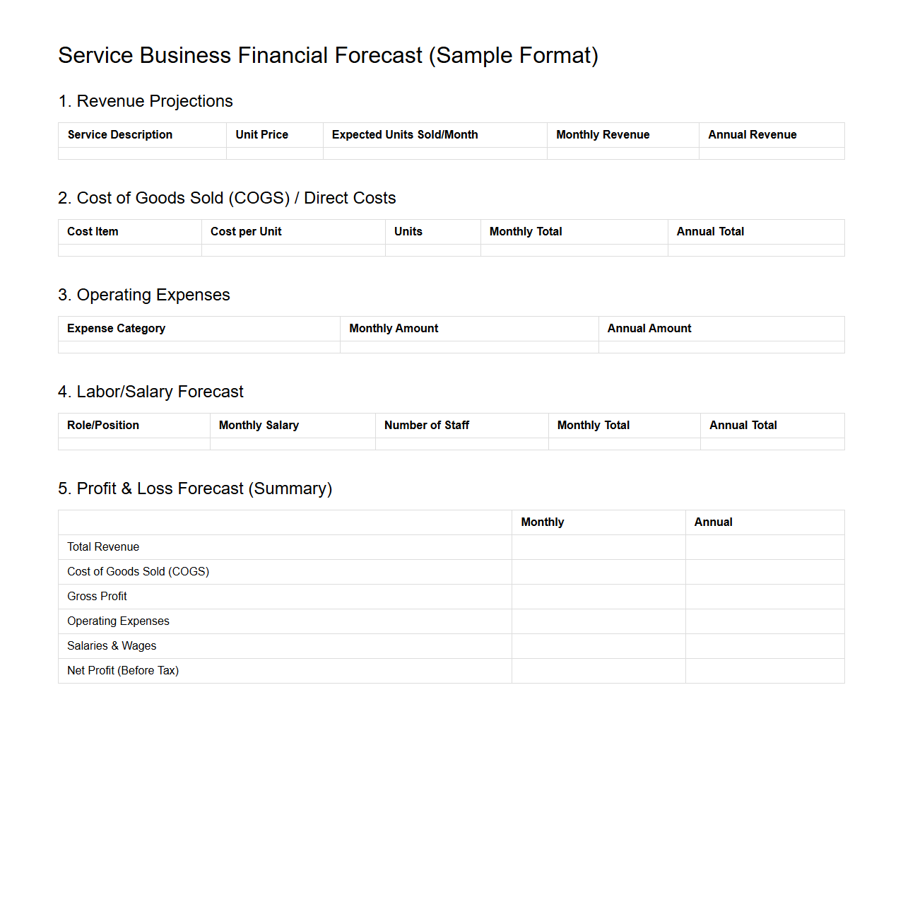 Service Business Financial Forecasting Format