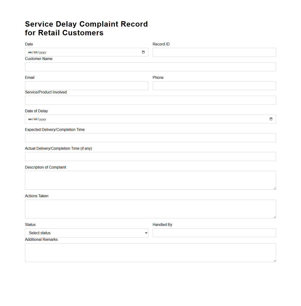 Service Delay Complaint Record for Retail Customers