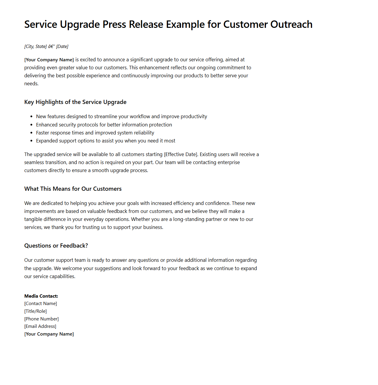 Service Upgrade Press Release Example for Customer Outreach