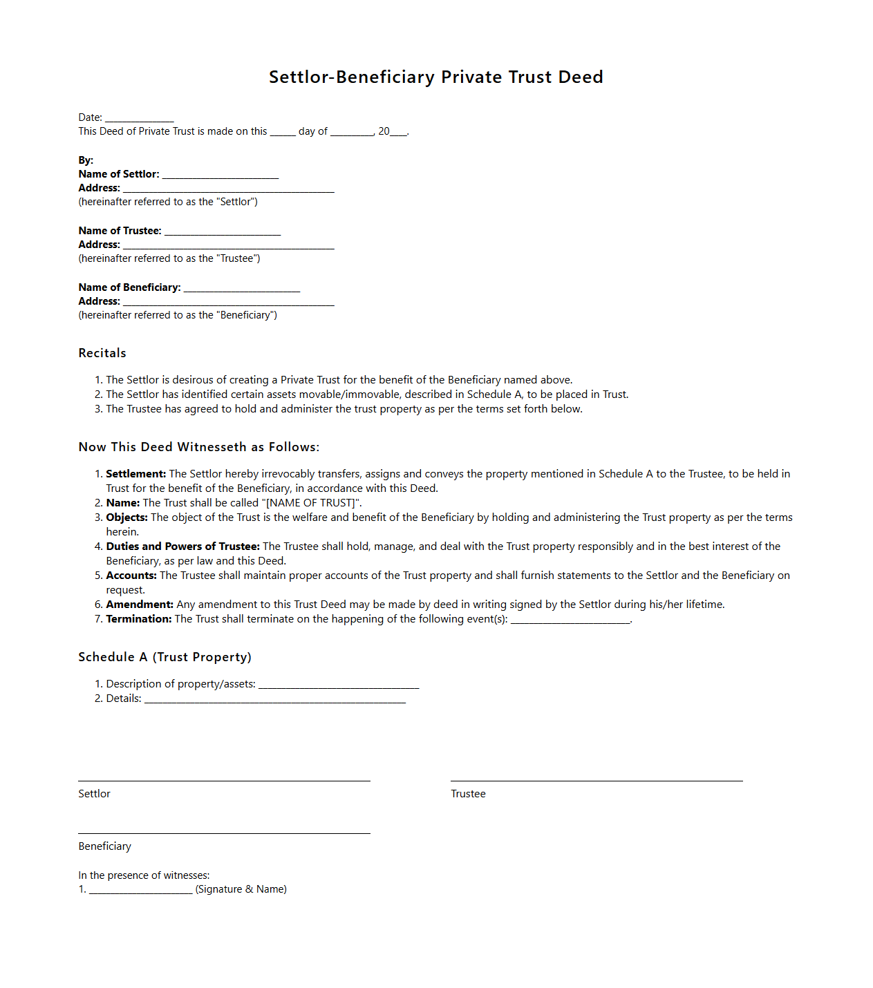 Settlor-Beneficiary Private Trust Deed