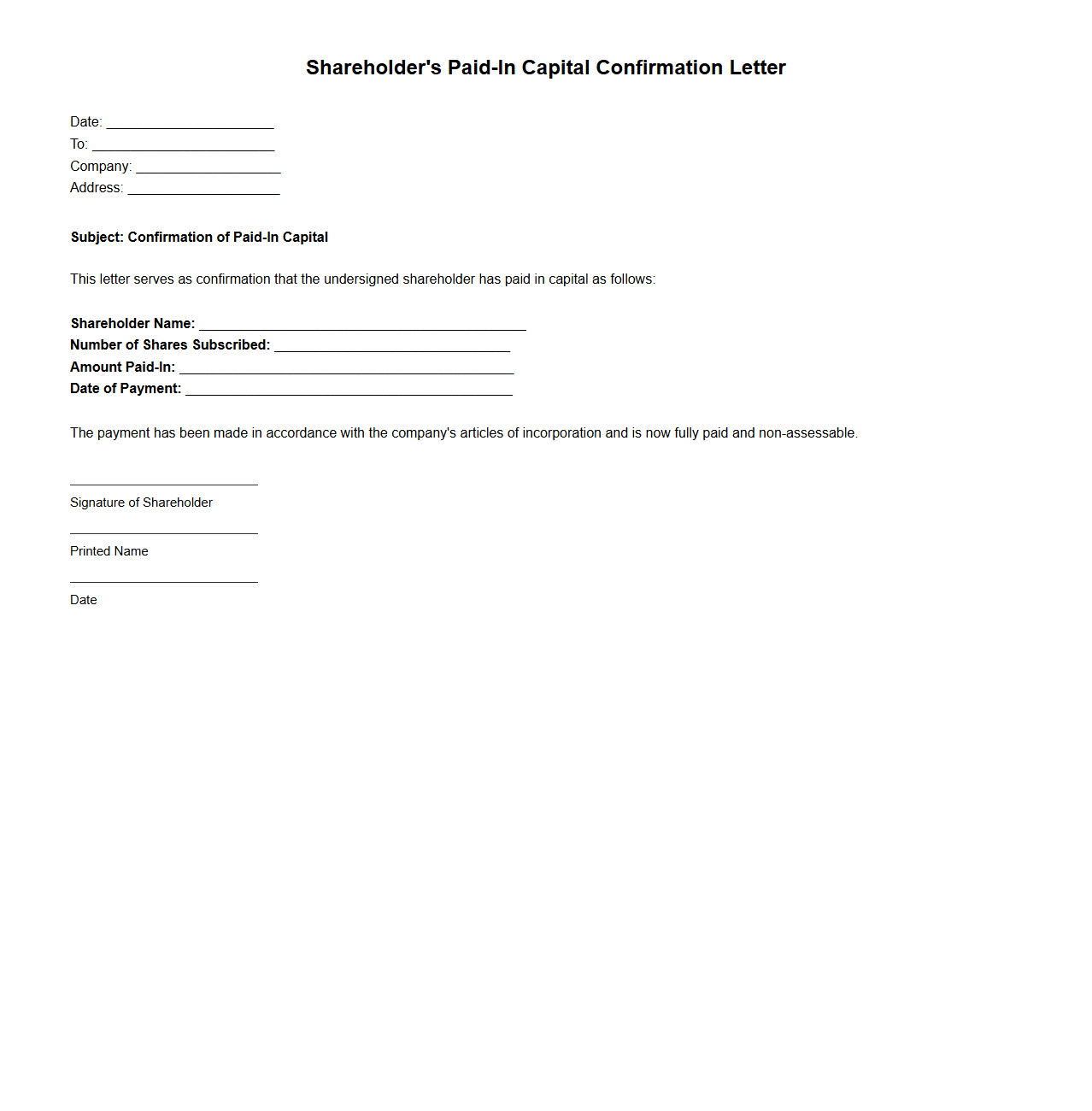 Shareholder's Paid-In Capital Confirmation Letter