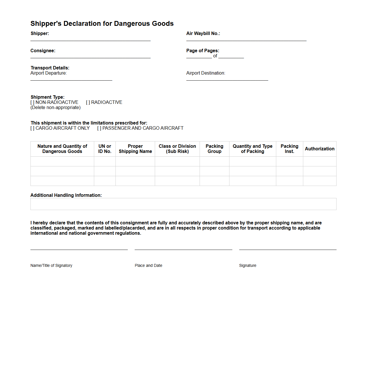 Shipper’s Declaration for Air Transport of Dangerous Goods