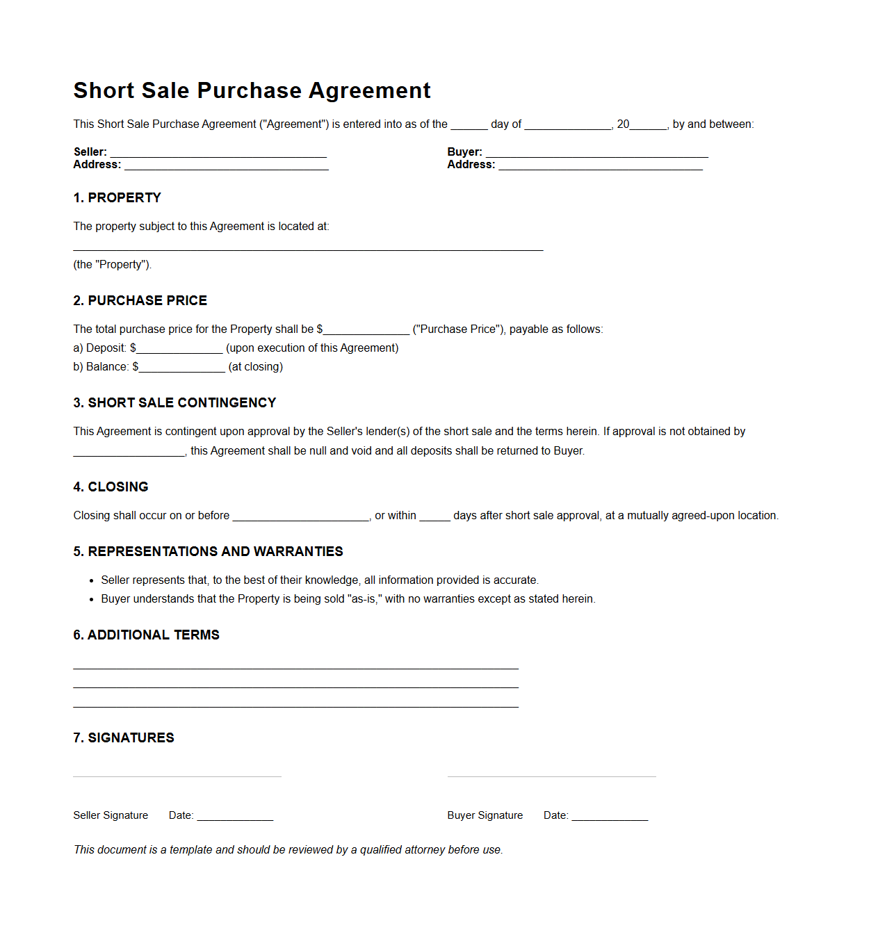 Short Sale Purchase Agreement Template