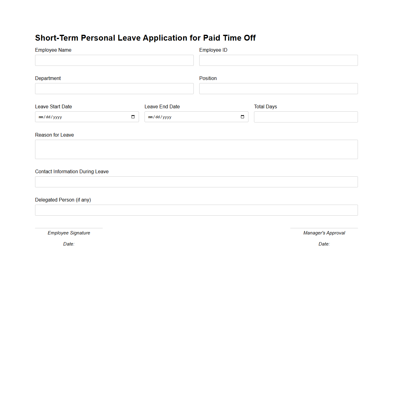 Short-Term Personal Leave Application for Paid Time Off