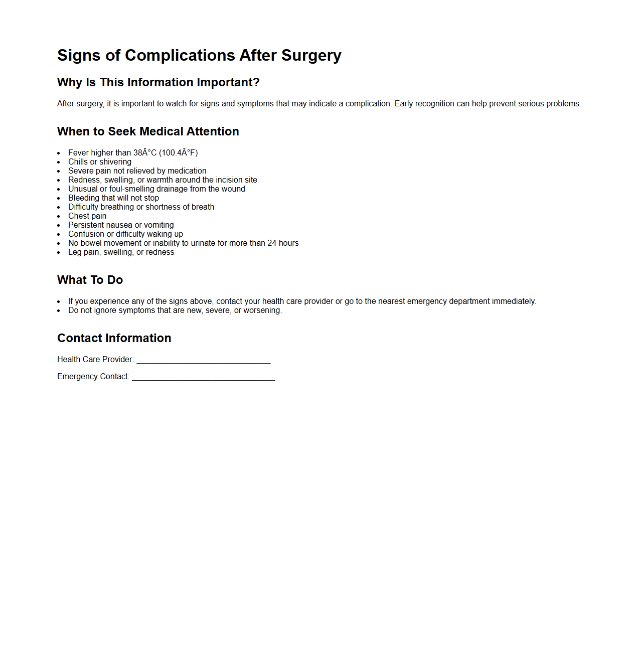 Signs of Complications After Surgery Information Sheet