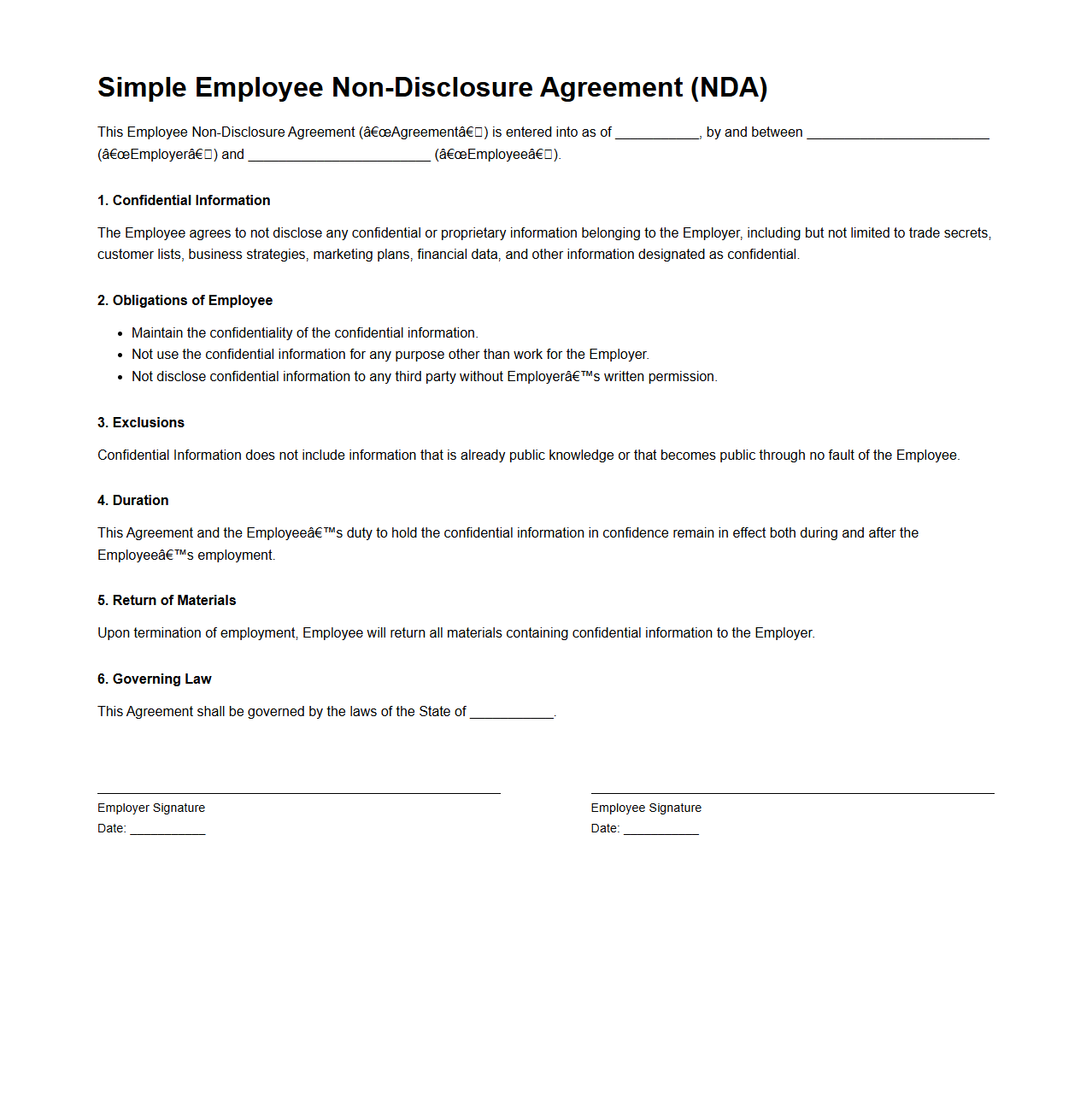 Simple Employee NDA Sample