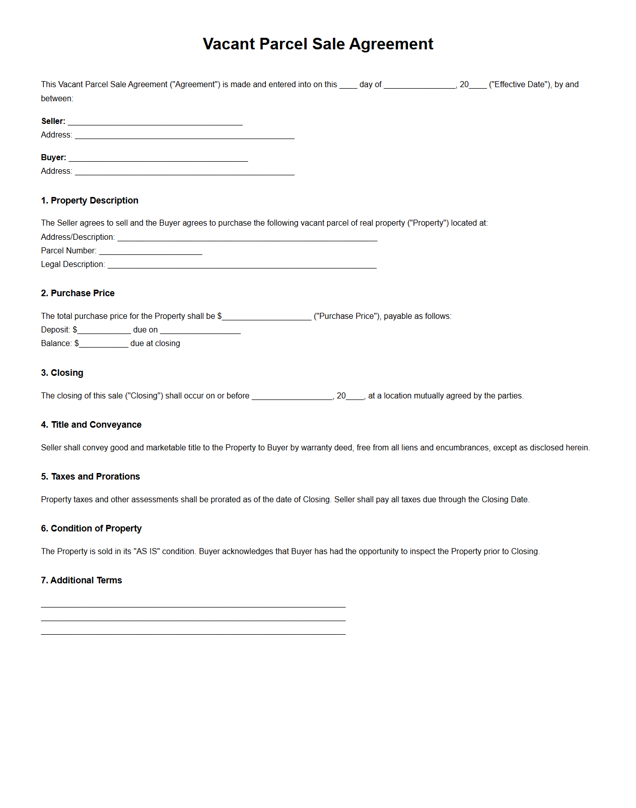 Simple Vacant Parcel Sale Agreement Template