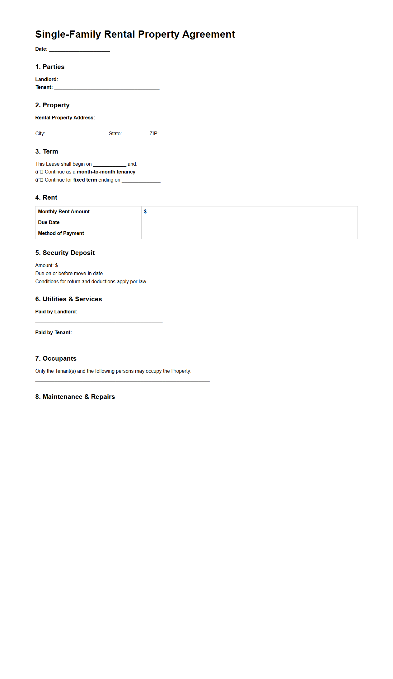 Single-Family Rental Property Agreement Template
