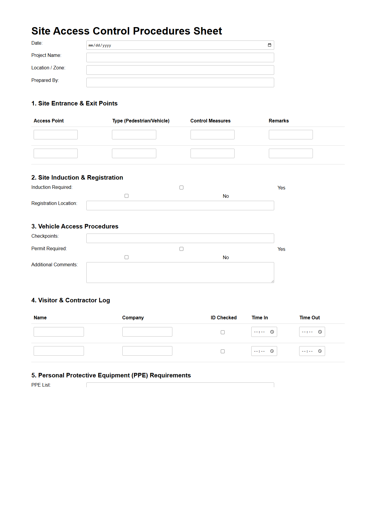 Site Access Control Procedures Sheet for Construction Zones