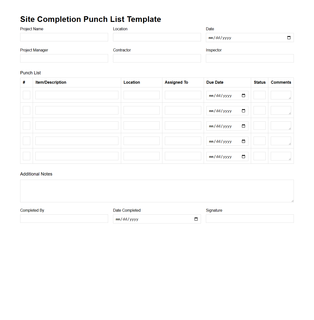 Site Completion Punch List Template