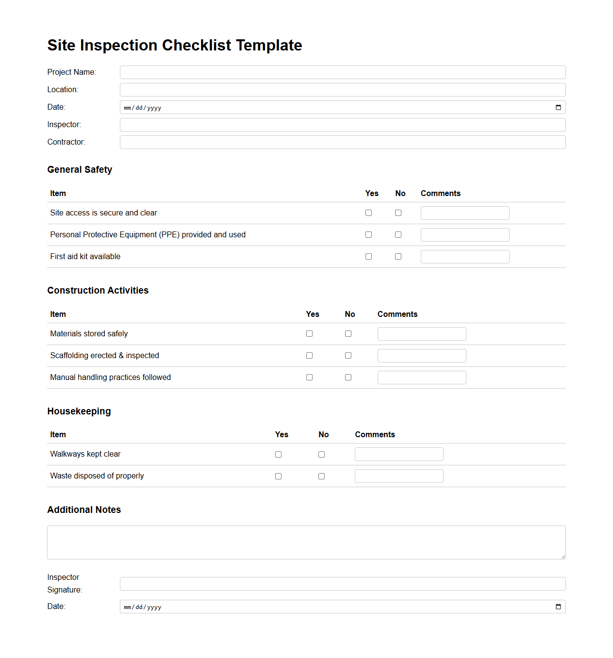Site Inspection Checklist Template for Building Construction