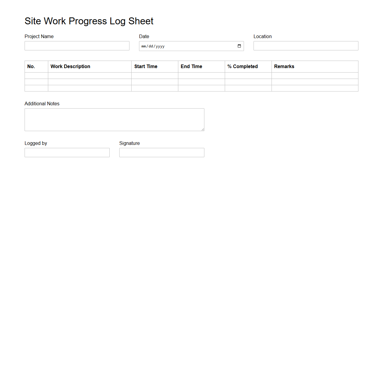Site Work Progress Log Sheet