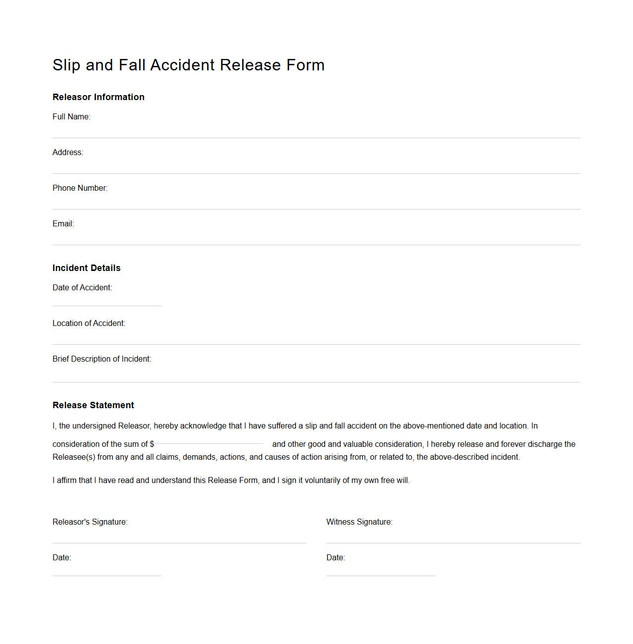 Slip and Fall Accident Release Form