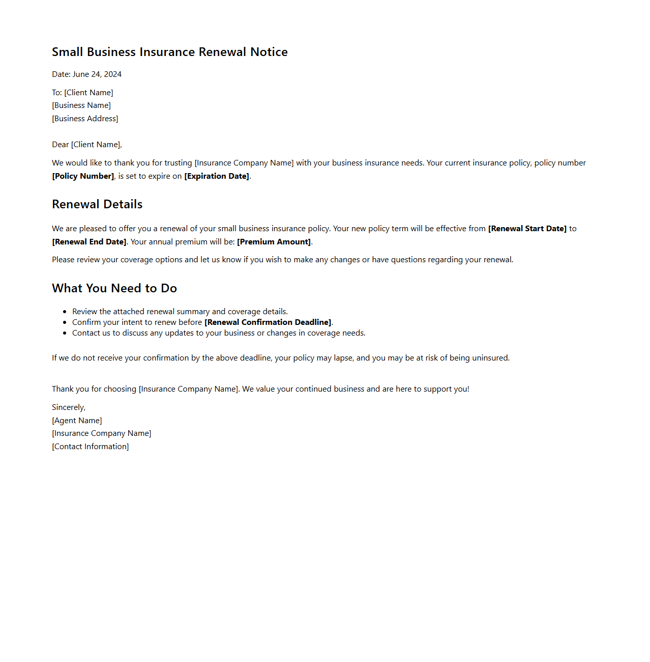 Small Business Insurance Renewal Communication Sample