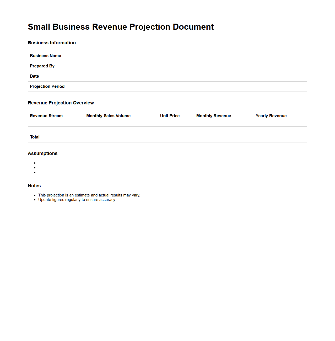 Small Business Revenue Projection Document Sample
