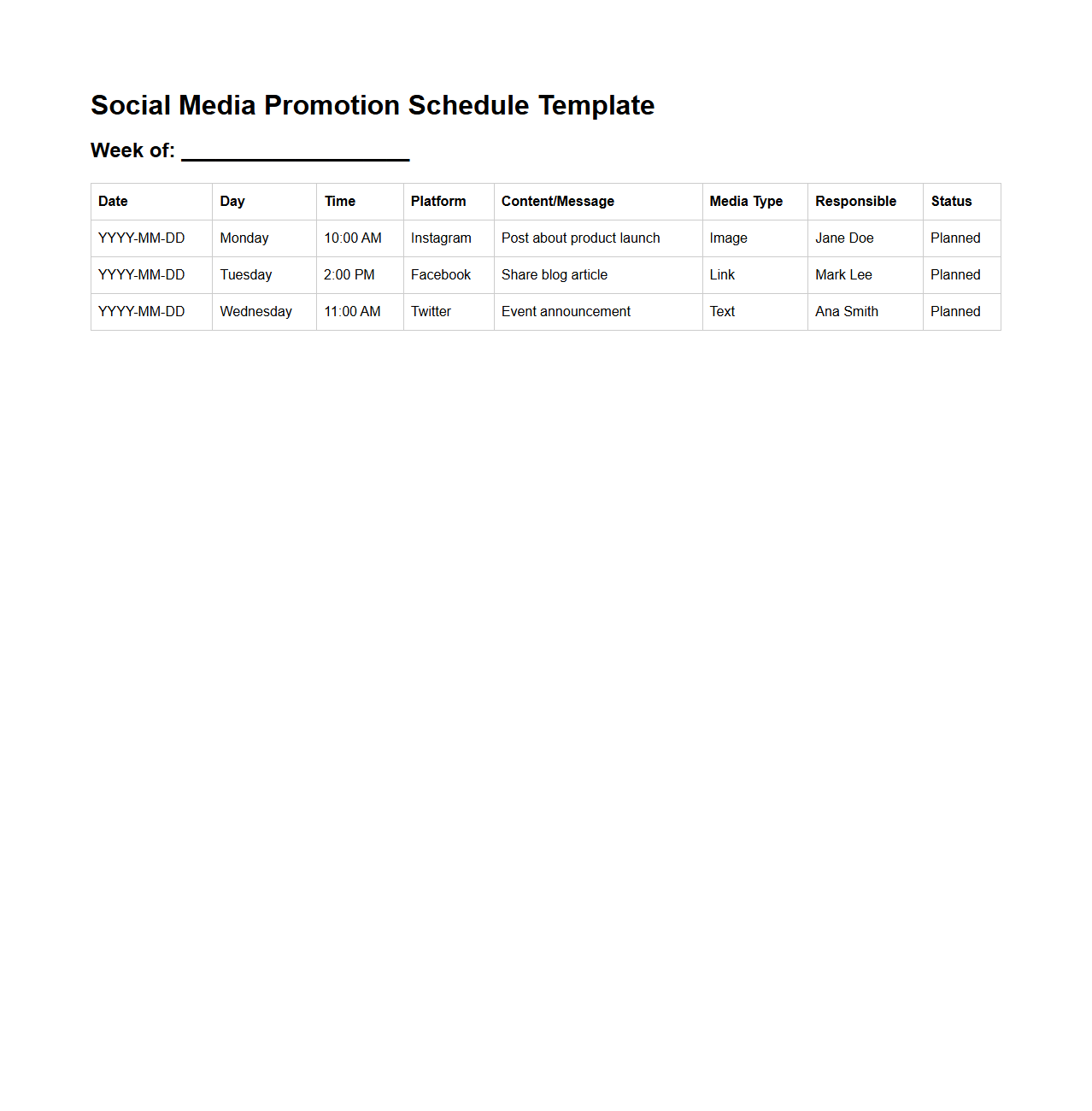 Social Media Promotion Schedule Template