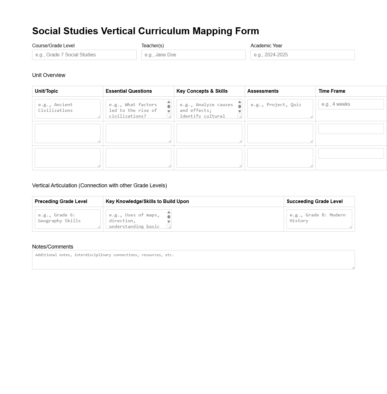 Social Studies Vertical Curriculum Mapping Form for Secondary