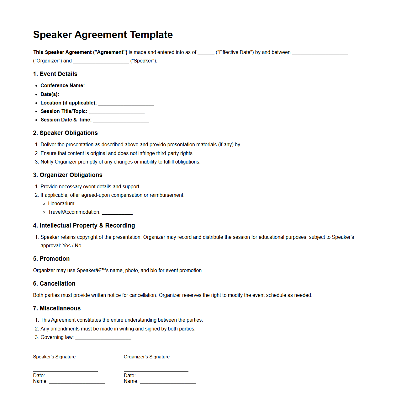 Speaker Agreement Template for Conferences