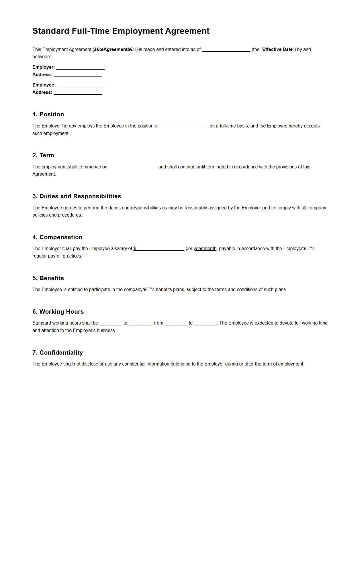 Standard Full-Time Employment Agreement Template
