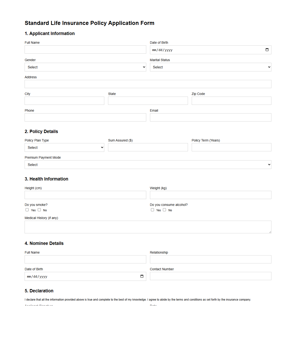 Standard Life Insurance Policy Application Form