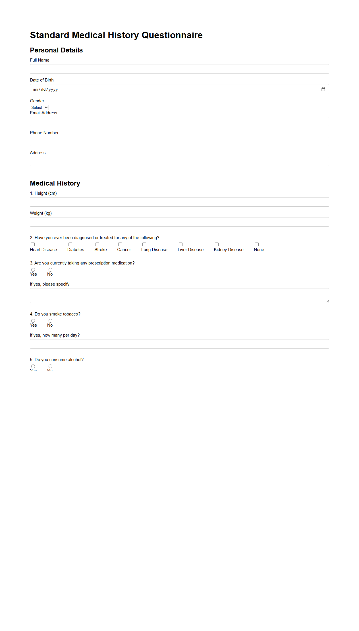 Standard Medical History Questionnaire for Term Insurance Eligibility