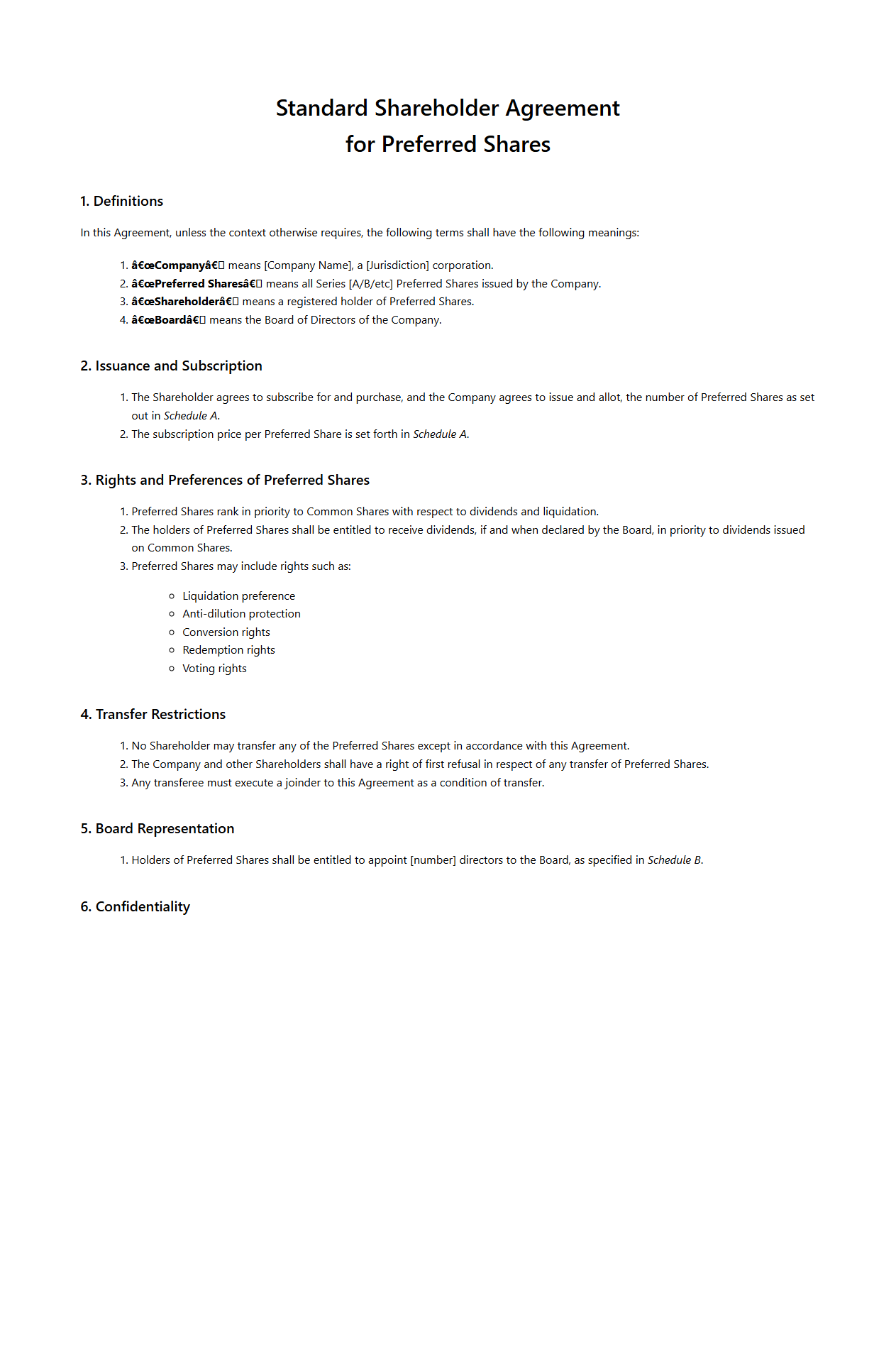 Standard Shareholder Agreement for Preferred Shares