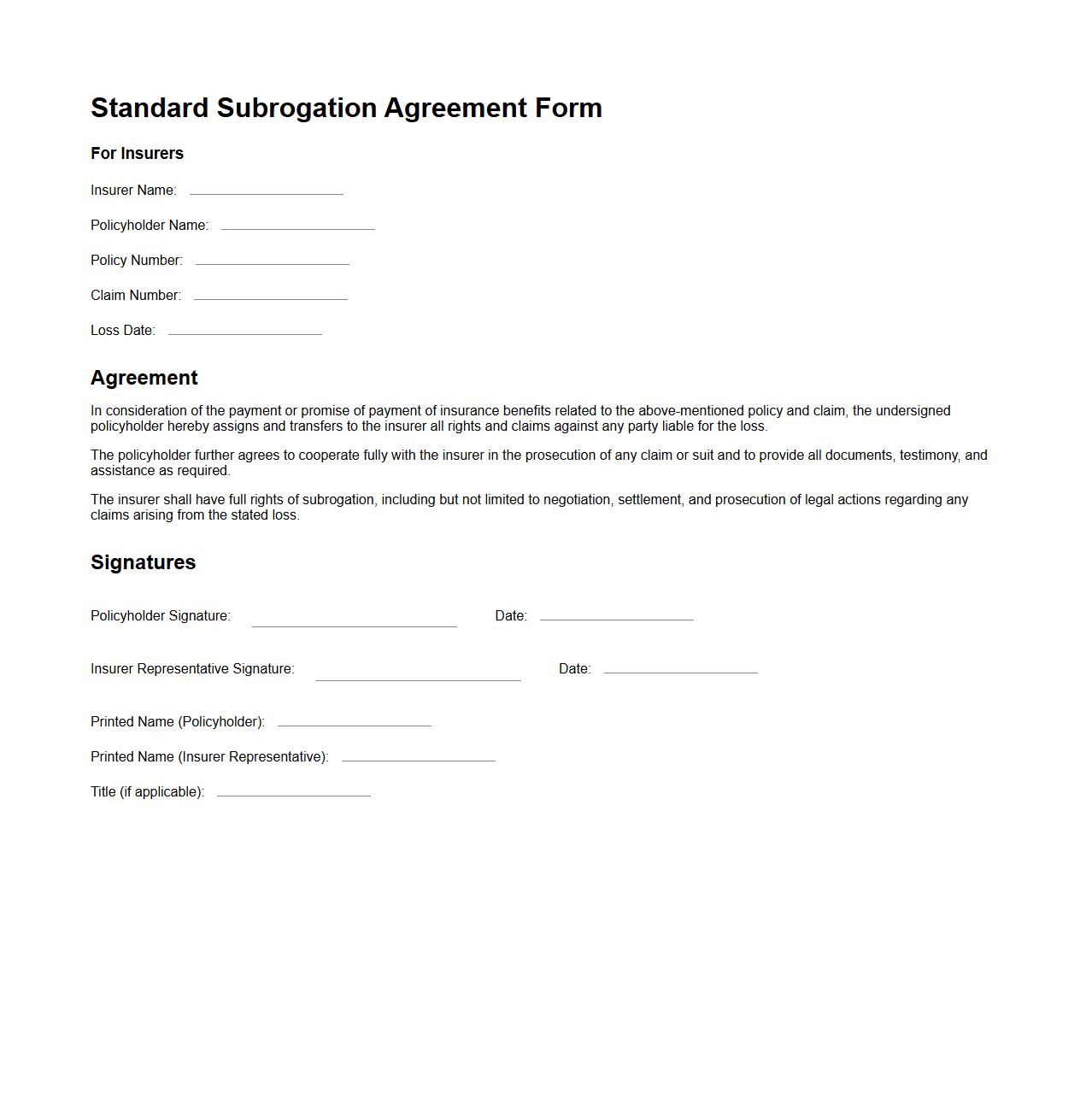 Standard Subrogation Agreement Form for Insurers